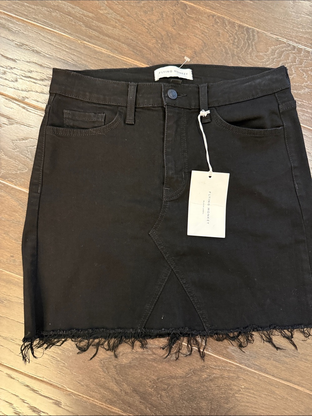Flying Monkey Black Denim Mini Skirt with Frayed Hem